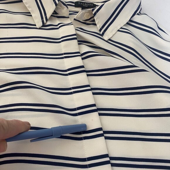 Talbots Petites XLP White & Navy Striped Button-Down Blouse Roll Tab Sleeves Car - Picture 5 of 9